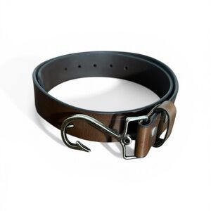 Men's Brown Leather Belt with Hook-Style Metal Buckle 34